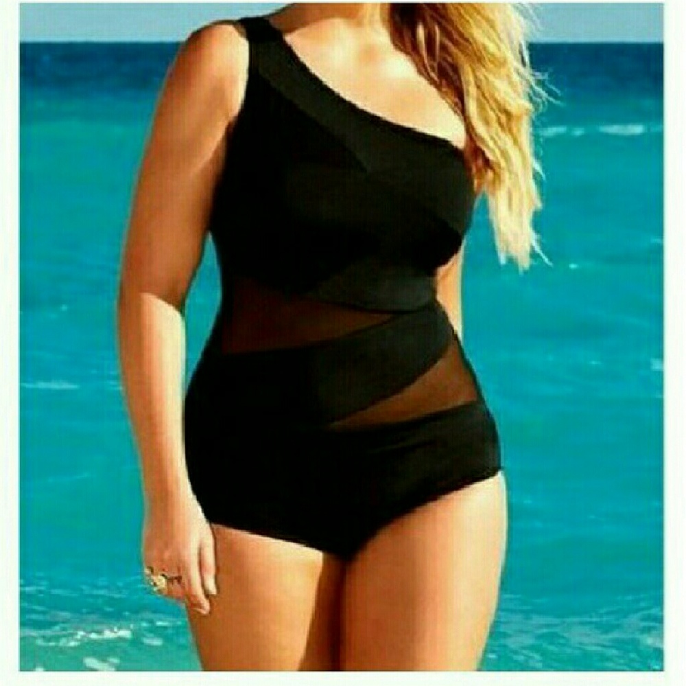 Black Mesh Patchwork Sweetheart Neck One Piece Swi - image 4